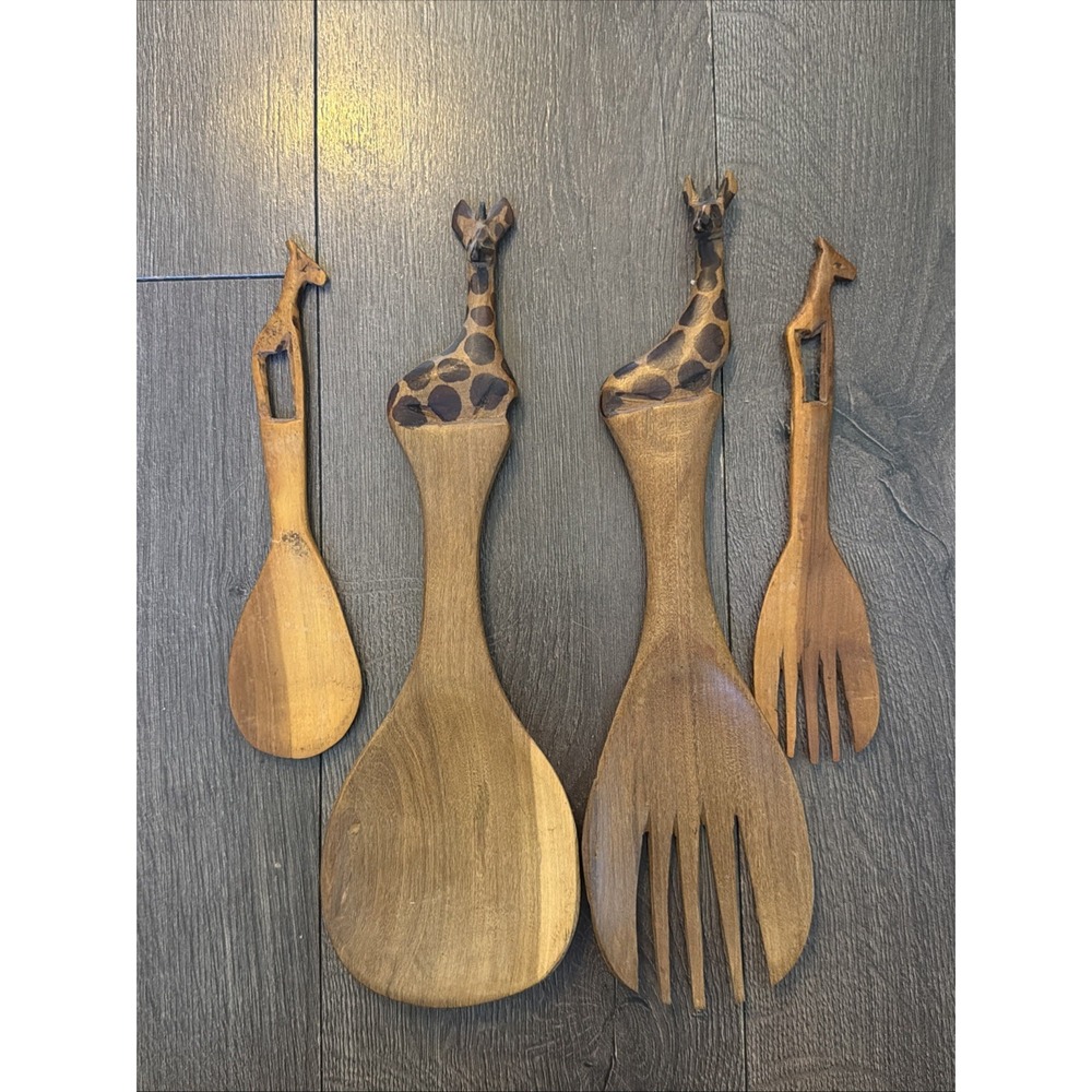 4 Giraffe Hand Carved Wooden Salad Servers Fork and Spoon African 12"